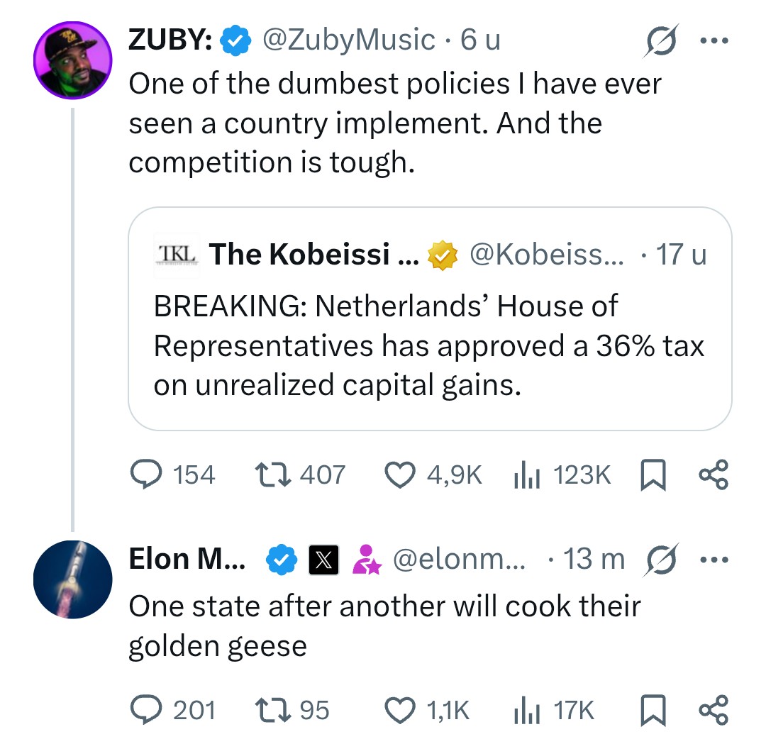 Zelfs Elon Musk is ter ore gekomen hoe debiel D66, VVD, GL/PvdA, CDA, PvdD, SP en Volt met hun #box3 zijn.