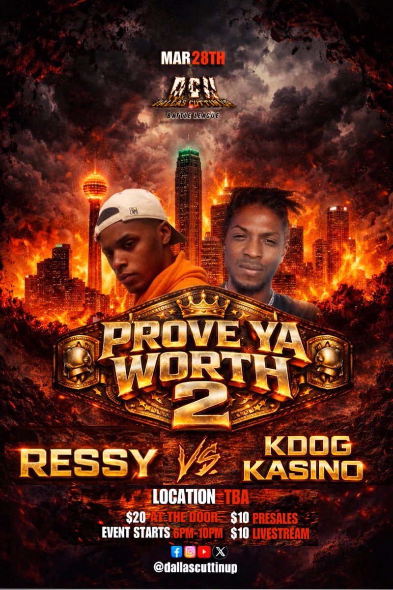 dallascuttinup's tweet photo. PROVE YA WORTH 2 π
ποΈ 03.28.2026
π£οΈ New Dallas. New Wave.
New Era To Be Crowned. π
Ressy π KDog Kasino
#DCU #PYW2 π₯ βοΈ https://t.co/MfvxAgZlQT