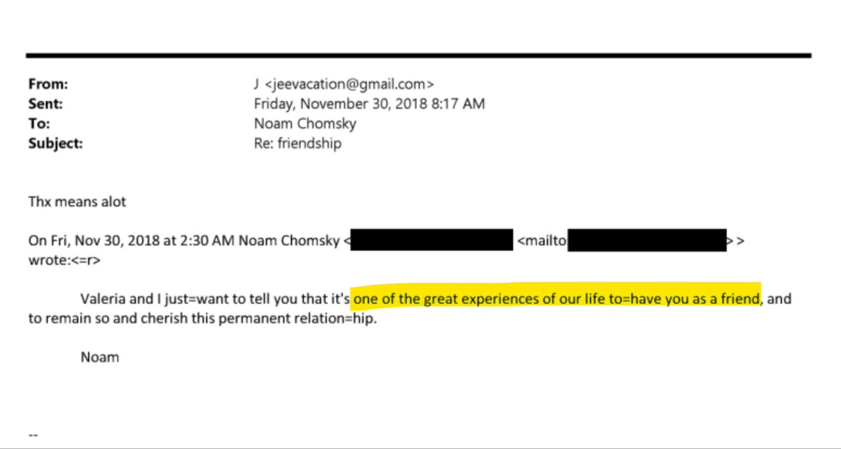 AlanRMacLeod's tweet photo. "It is one of the great experiences of our life to have you as a friend" -- Noam Chomsky to Jeffrey Epstein. https://t.co/u18YHcKIQl