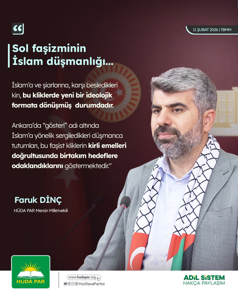 Mersin Milletvekilimiz Faruk Dinç:

Sol faşizminin İslam düşmanlığı...

"İslam’a ve şiarlarına, karşı besledikleri kin, bu kliklerde yeni bir ideolojik formata dönüşmüş durumdadır. Ankara’da “gösteri” adı altında İslam’a yönelik sergiledikleri düşmanca tutumları, bu faşist