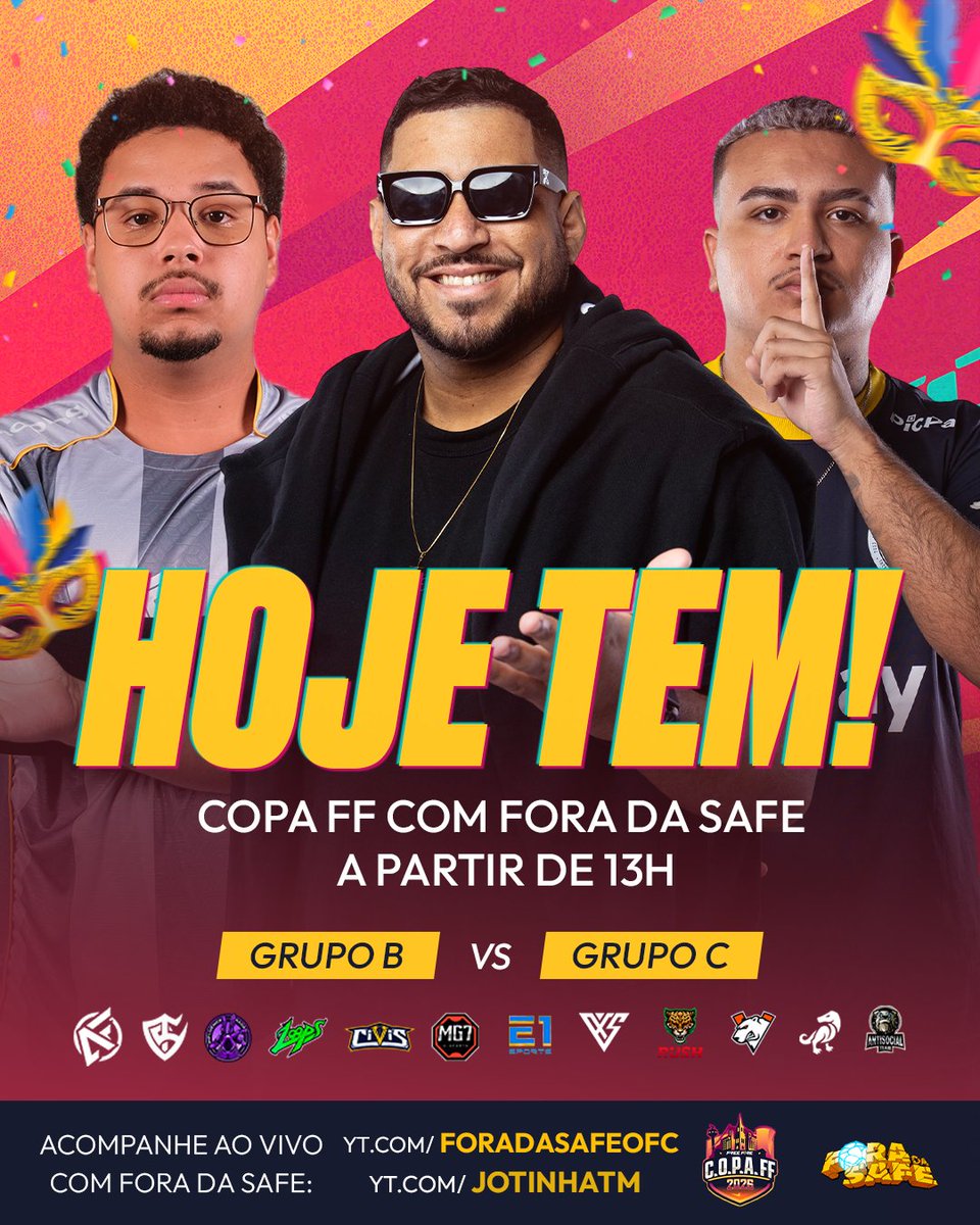PEGUE SUA FANTASIA, HOJE TEM LIVE DE CARNAVAL! 👺🎉 

Último dia de classificatórias para os times dos GRUPOS B e C na #COPAFF

⏰A partir das 13h com o Fora da Safe