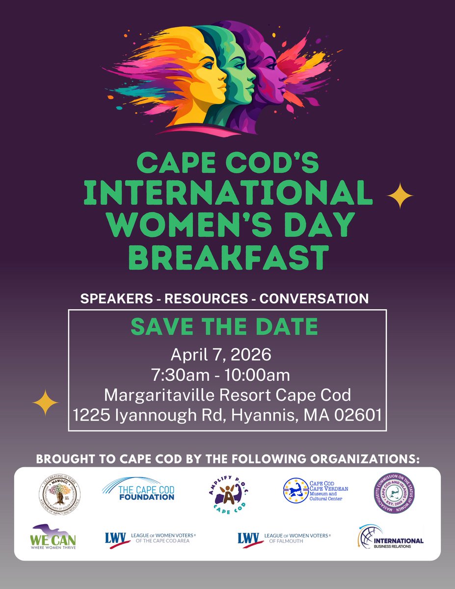 Please join Cape Cod’s International Women’s Day Breakfast April 7, 2026 7:30 am-10 a.m.