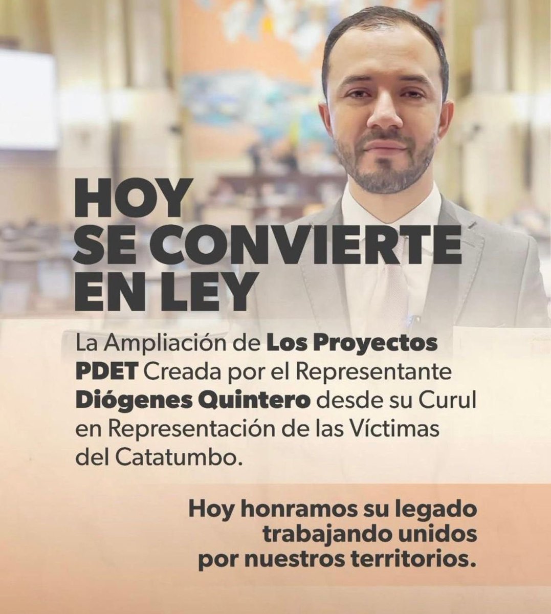Hoy el país convierte en ley una causa por la que luchaste con el alma: la ampliación de los proyectos PDET para que los territorios y las víctimas del Catatumbo tengan más oportunidades. Duele tu ausencia, amigo, pero tu legado sigue vivo en cada paso que diste por tu gente.