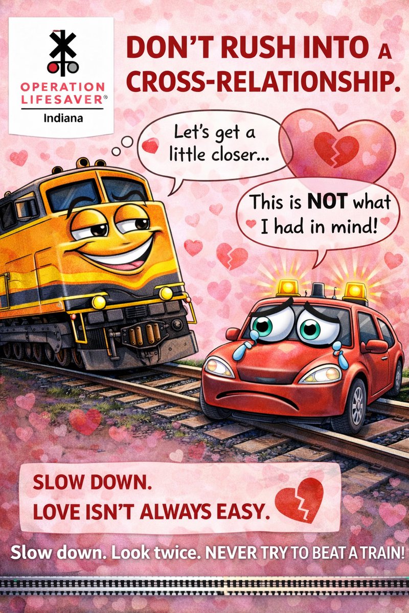 IndianaOpLife's tweet photo. On this Valentine's Day, let’s cherish love &amp; safety! ❤️🚦 As we gaze at those railroad crossings, remember: it’s better to wait than to rush. Stay safe, lovebirds! 💕 #ValentinesDay #RailSafety https://t.co/aC7mL4M1Rh