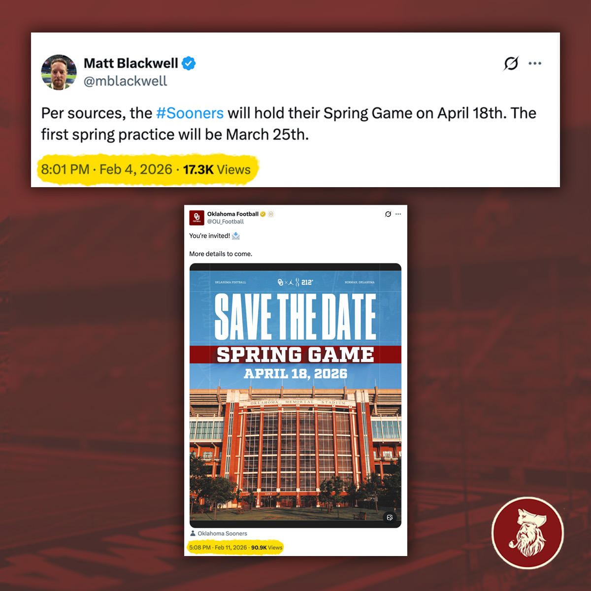 mblackwell's tweet photo. Our subscribers were the first to know about the return of the Spring Game, the hiring of Molly Jacoby, and the #Sooners hosting a former P4 HC to interview for a role with the RB's. 

Come join the fastest growing community on the OU beat. Sign up for just $1.

https://t.co/zyxfRqWoav