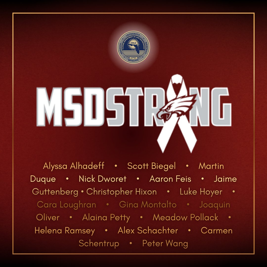 FDLE remembers the victims and their families on the eighth anniversary of the tragedy at Marjory Stoneman Douglas High School. Students, teachers and staff showed incredible courage, and the heroic actions of first responders will never be forgotten.

Governor Ron DeSantis has