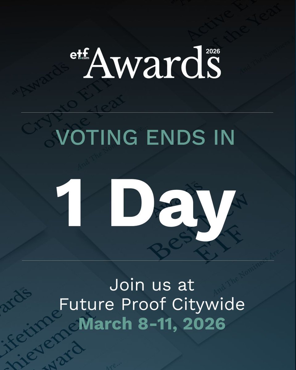 etfcom's tweet photo. We're just dropping a friendly weekend reminder that voting closes for the https://t.co/vUKJ2mPbHB Awards tomorrow.
Take a few minutes if you haven't already and get your votes in for best new ETFs here: https://t.co/OqPdPFDBxj
#ETFcomAwards #FinalCountdown #ETFs https://t.co/3ZVgCdnLPY