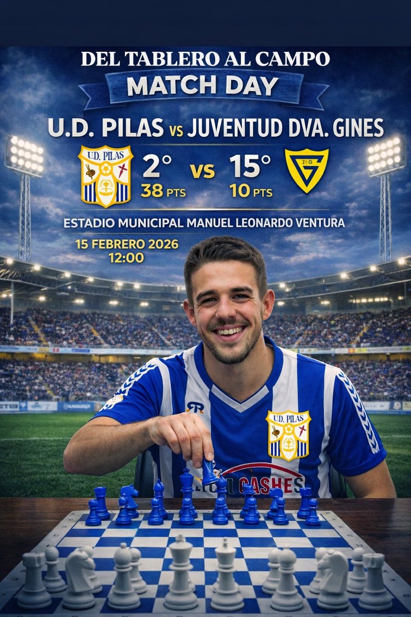UDPilas's tweet photo. En el ajedrez y en el fรบtbolโฆ gana el que mejor piensa cada movimiento. โ๏ธโฝ
2ยบ ๐ 15ยบ
Pero los partidos no se juegan en la tablaโฆ se ganan en el campo.
๐ Juventud Dva. Gines
๐ Estadio Municipal Manuel Leonardo Ventura
๐ 15 de febrero de 2026
โฐ12:00H
#MatchDay #UDPilas #FรบtbolSevilla #VamosEquipo