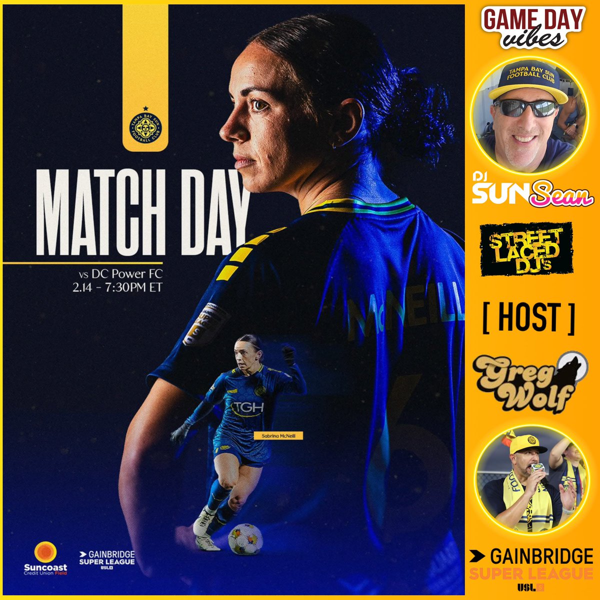 GregWolfTBL's tweet photo. Rise & Shine,🌞#Sunchasers!
It’s a #HappyValentinesDay💕
Match Day⚽️!
Your @TampaBaySunFC continue their journey in Professional Women’s Soccer as they battle @DCPowerFC at 7:30pm tonight at @SuncoastCU field for #Galentines Night, streaming exclusively on @peacock!!
Our city. Our team. Our night. 🌴☀️
Tonight’s Match offers the “Girl Dinner Package” for Galentine’s Day🫶🏽!
You can enjoy an espresso martini🍸, classic 🥗Ceaser Salad & Fries🍟, for the perfect night out with your besties👯♀️
👀 Be on the lookout for Tampa’s favorite DIVA mascot appearing all around the match tonight, the one and only @soletampabay!
The festivities will be shining bright with @StreetLacedDJs own (honorary) @prosportsdjs on the decks, MIXING 🎧 LIVE pre-game, halftime & post-game, keeping the vibes vibrant under the lights while yours truly is back on the mic🎤!
We surely have some fun things planned, including giveaways, dance parties & so much more!
Let’s Do Work! #GoSunGo