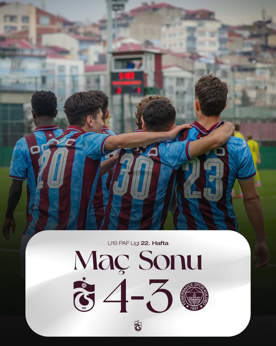 ⏱️ 90' Karşılaşma sona erdi. 
 
Trabzonspor 4-3 Fenerbahçe 

⚽️ 15’ Umut Beşli
⚽️ 52’ Mümin Barış Nazlı
⚽️ 90’ Yiğithan Çubukçu
⚽️ 90+6’ Ahmet Babat

#U19PAFLigi