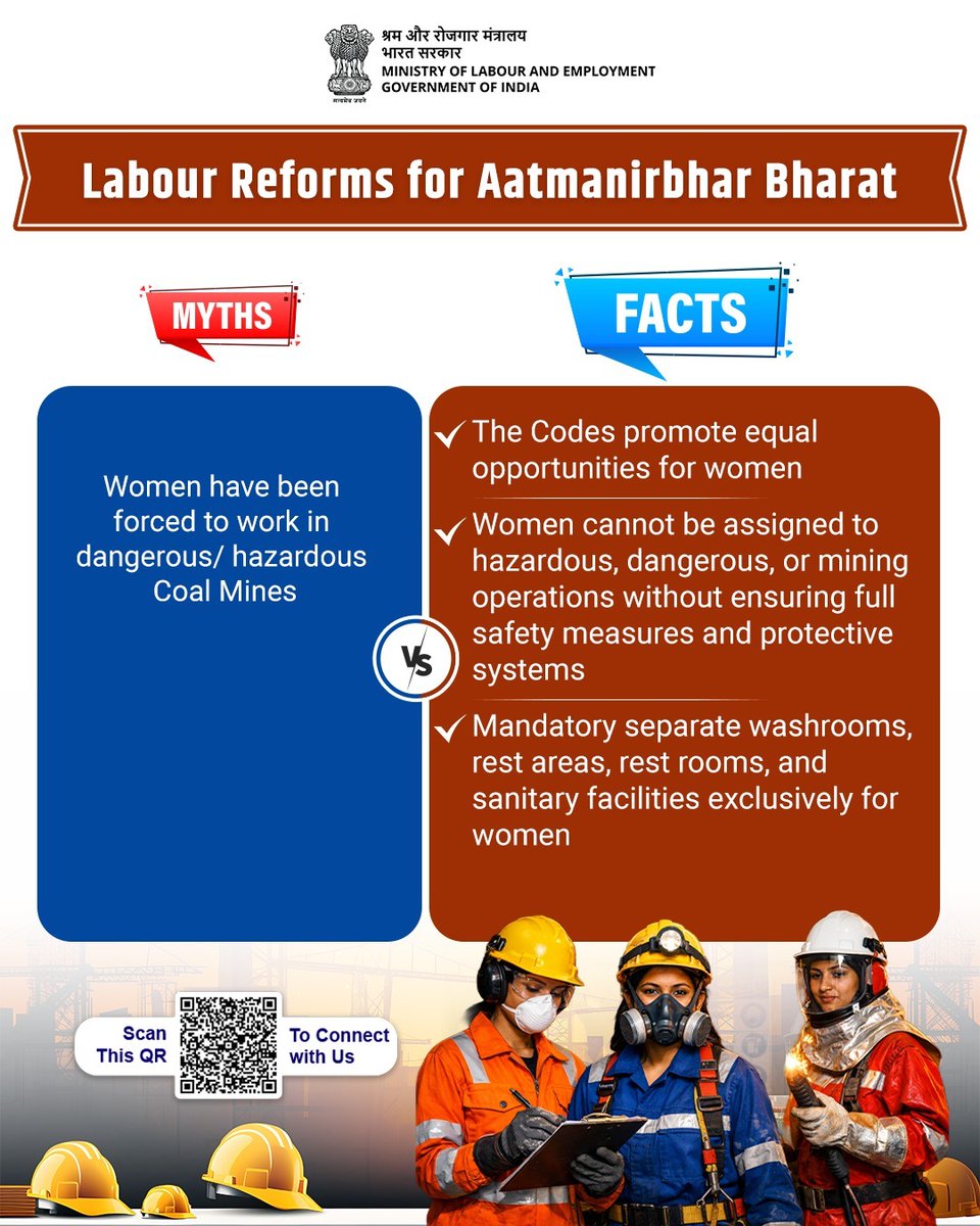 The Labour Codes do not force women to work in hazardous or dangerous coal mines. The provision promotes equal opportunities for women with full safety measures and protective systems in place to work in hazardous, dangerous or mining operations.

#LabourReforms4NewIndia