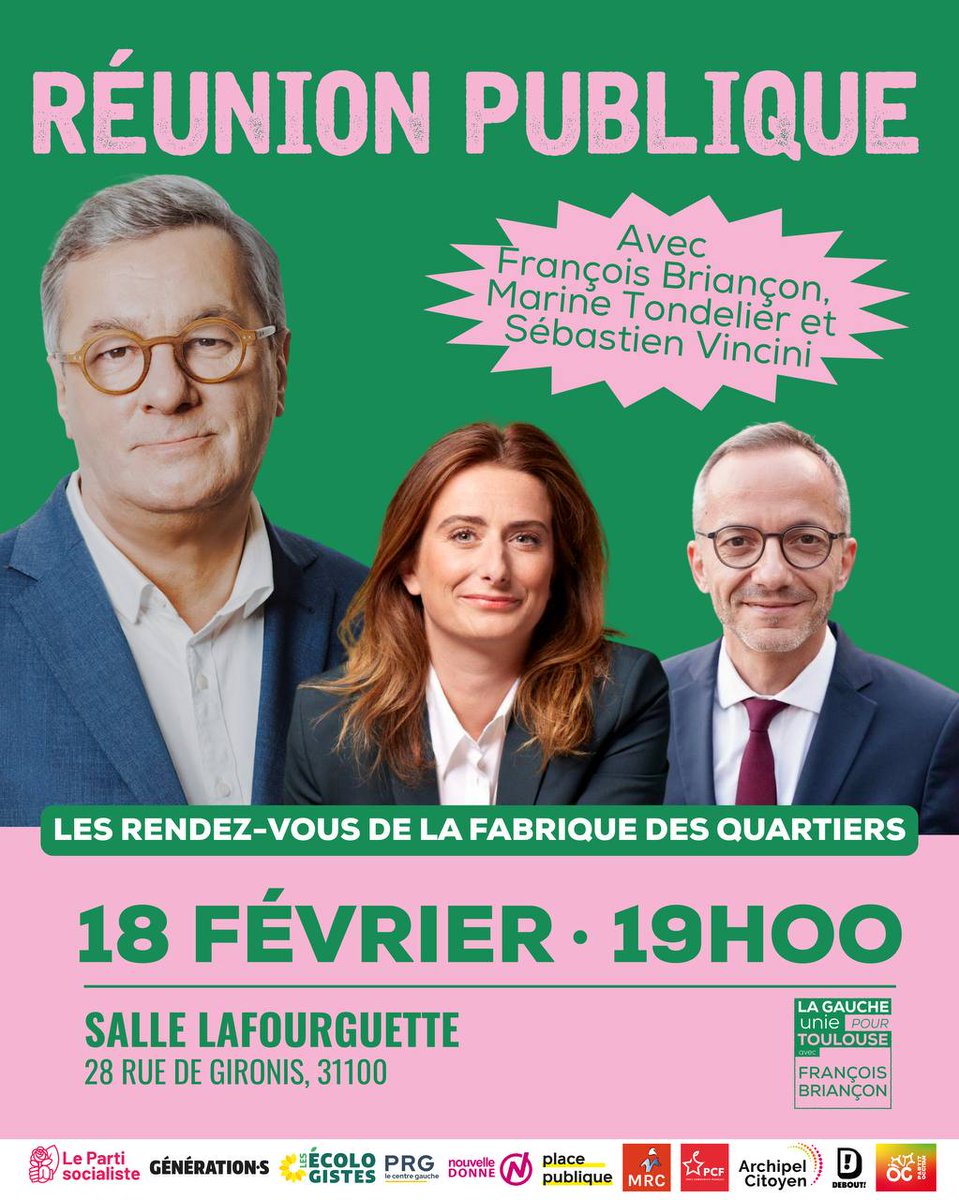 RegisGodec's tweet photo. On se retrouve mercredi 18 février à la salle de Lafourguette pour une Fabrique des quartiers particulière avec ́la participation de @marinetondelier et @SebVincini en soutien à la liste @GaucheUnieTlse conduite par @fbriancon https://t.co/BM4rjmnZSL