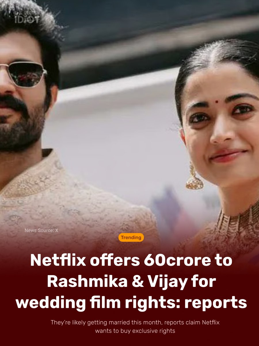 Saurabh__Ram's tweet photo. रश्मिका-विजय की वेडिंग राइट्स?
खबरें हैं कि Netflix ने रश्मिका मंदाना और विजय देवरकोंडा की शादी की स्ट्रीमिंग के लिए ₹60 करोड़ का ऑफर दिया था, जिसे कपल ने प्राइवेसी के चलते ठुकरा दिया। 💍📺
#RashmikaMandanna #VijayDeverakonda #Netflix #WeddingUpdates https://t.co/9Nwr6fBEnd