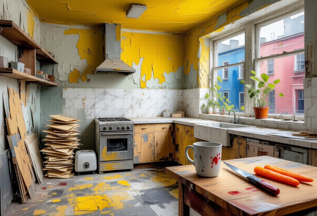 andy_corah's tweet image. Peeling walls, a stained knife, red splatters on the cup – home renovation will make you lose your mind before your deposit. 🔪 🩸 #CrimeSceneOrDIY #HomeImprovements