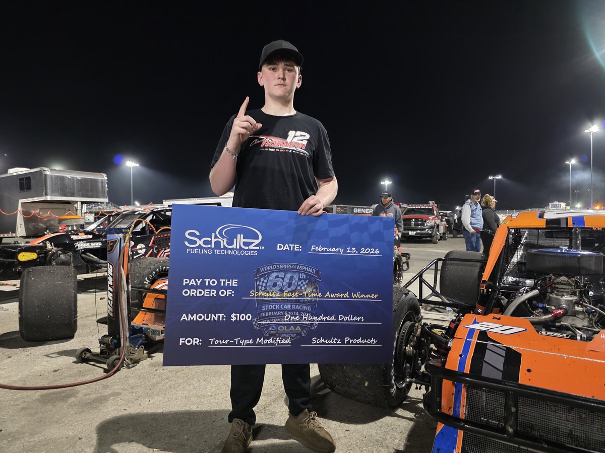 We wrapped up our contingency sponsorship at the 60th Annual World Series at <a href="/newsmyrnaspdwy/">New Smyrna Speedway</a> with one final check to distribute! 🏁 Congratulations to Paulie Hartwig III, who took home the Schultz Fast-Time Award in the Tour-Type Modifieds on Friday.