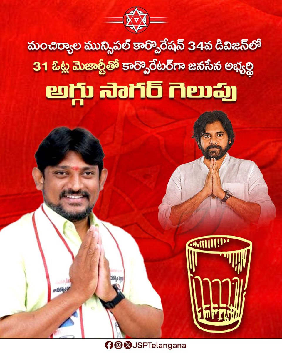 మంచిర్యాల మున్సిపల్ కార్పొరేషన్ 34వ డివిజన్లో 31 ఓట్ల మెజార్టీతో కార్పొరేటర్ గా  జనసేన అభ్యర్థి అగ్గు సాగర్ గెలుపు!

#TelanganaMunicipalElections #JanaSenaTelangana #JSPTelangana