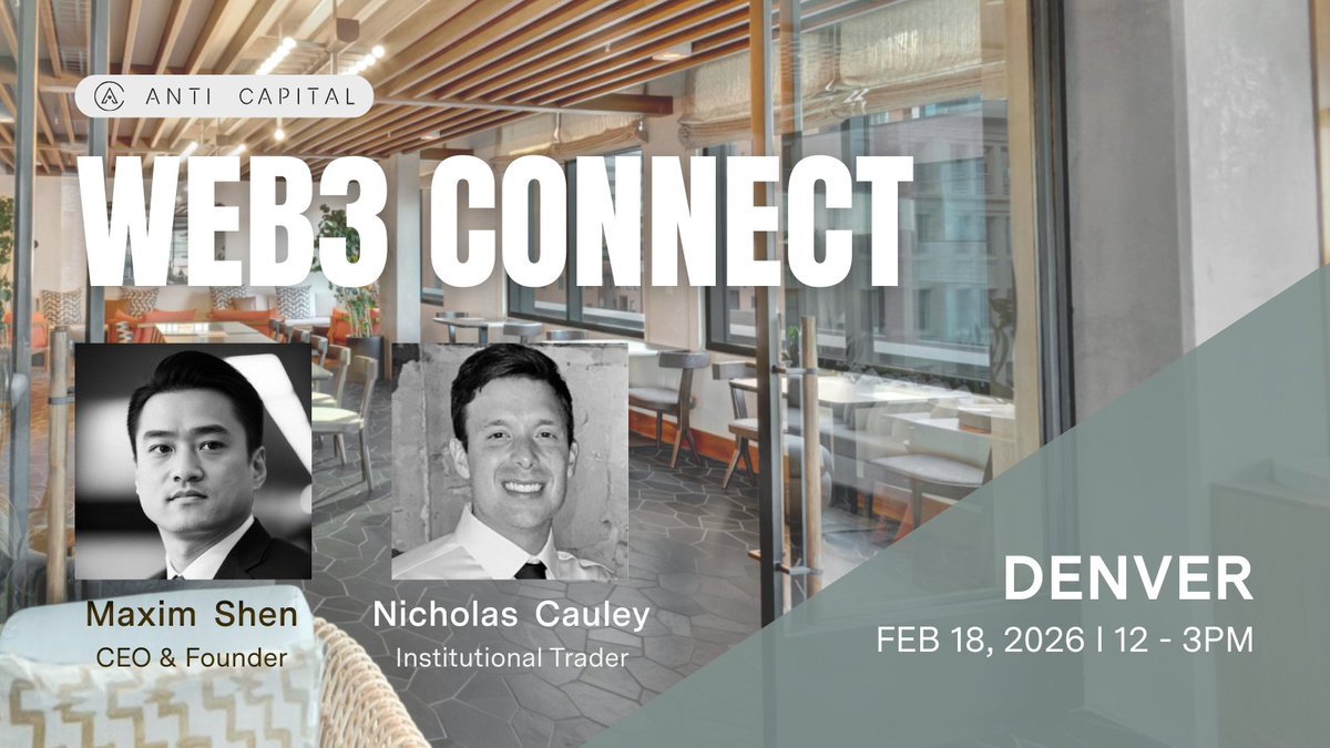 Anti__Capital's tweet image. ⏳Counting down to February 18. If you’re going to be in town and haven’t secured your spot yet, consider this your reminder.

Our team will be there in person:
Maxim Shen – CEO &amp;amp; Founder
Nicholas Cauley – Institutional Trader / VC

Come meet us at this networking session – shoot