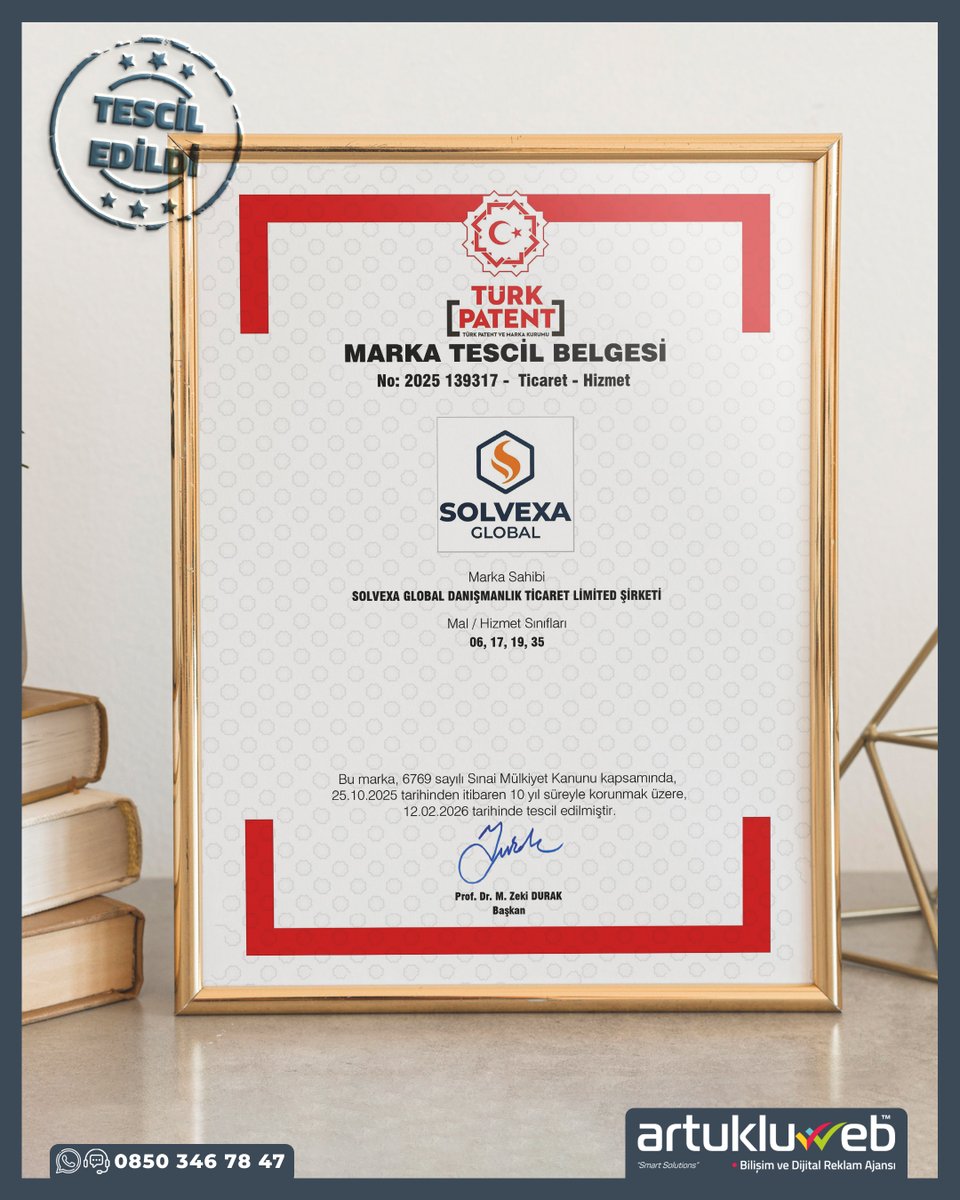 artukluweb's tweet photo. Değerli Müşterimiz Solvexa Global firmasının, "SOLVEXA GLOBAL" markasını Türk Patent ve Marka Kurumu nezdinde tescil ettik. Müşterimize hayırlı olmasını dileriz.

Sizde Artuklu Web'in uzman vekilleri aracılığıyla markanızı koruyun. Sizin olan sizin kalsın!

📞0850 346 78 47 https://t.co/6SOajoRGAB