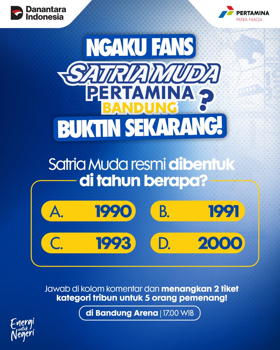 Ngaku fans boleh, tapi tau sejarahnya gak? 👀🏀

QUIZ TIME!
Satria Muda resmi dibentuk di tahun berapa?

Jawab di kolom komentar
dan menangkan 🎟️ 2 Tiket Tribun
untuk 5 pemenang di Bandung Arena, 14 Februari 2026 pukul 17.00 WIB🔥

#MyPertamina #EnergiuntukNegeri