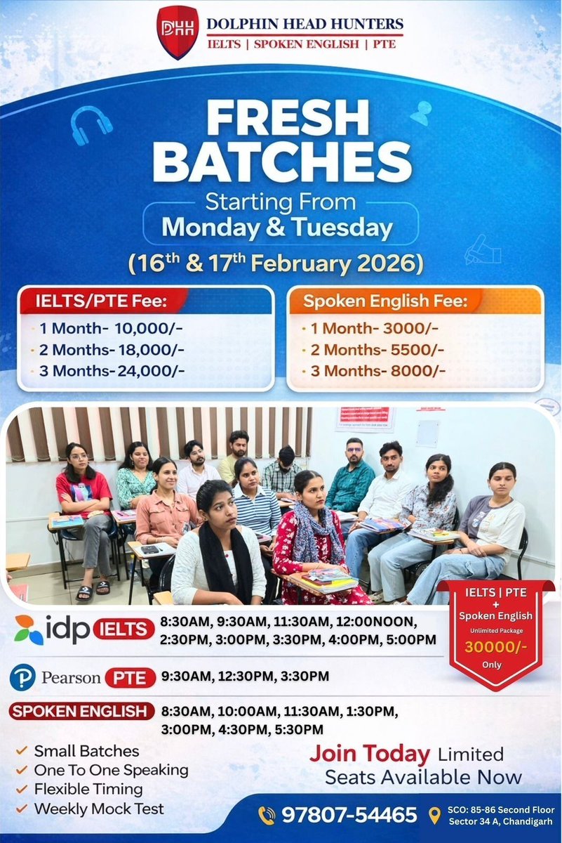 Fresh batches start 16–17 Feb (Mon–Tue) at Dolphin Head Hunters.

IELTS • PTE • Spoken English
Start improving your English and confidence today.
📞 9780754465
🌐 dolphinheadhunter.com

#ielts #pte #spokenenglish #englishlearning