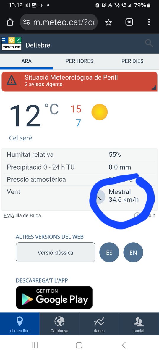 Captura de la pagina de Meteocat de fa una estona. Es veu que l estacio meteotologica la tenen dintre d una nau