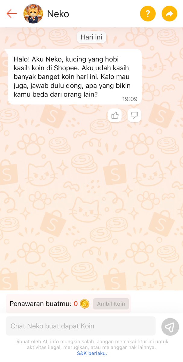 Genea7707's tweet photo. Udah main yang ku rekomendasiin belum ges? Buru main, serius seasyik itu daripada nggak ada yang bisa diajak ngobrol. Mending chatting sama Neko di Nego Neko Shopee, koinnya itulo yang lumayan #ShopeeNegoNeko https://t.co/F5SyUdTgOV