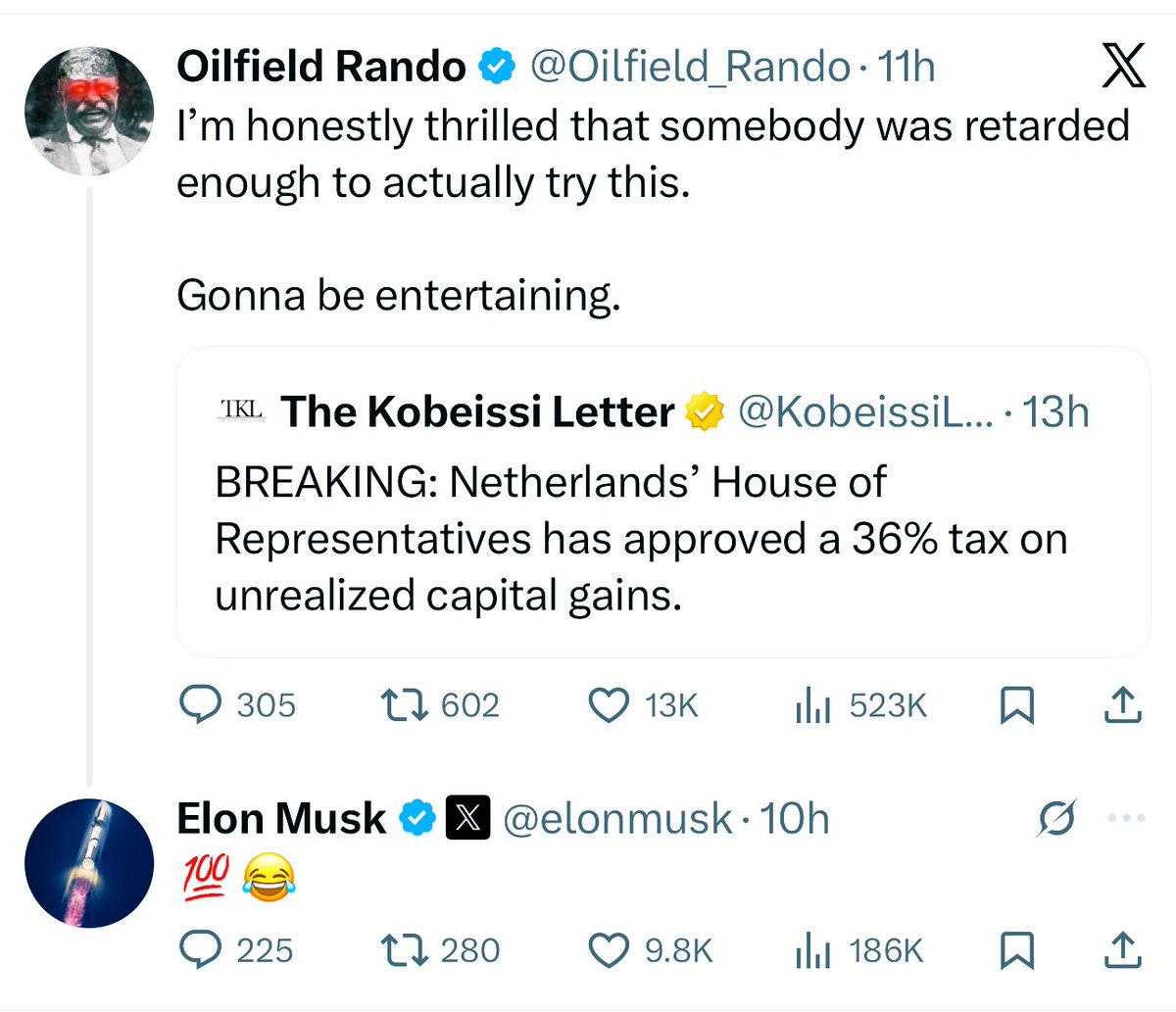 Zelfs <a href="/elonmusk/">Elon Musk</a> post nu over het over het compleet achterlijke wetsvoorstel om ongerealiseerde winsten te belasten dat dankzij steun van de <a href="/VVD/">VVD</a> van <a href="/DilanYesilgoz/">Dilan Yesilgöz - Zegerius</a> is aangenomen en fnuikend is voor de Nederlandse economie. Nederlandse media zijn muisstil, snappen ze het niet?