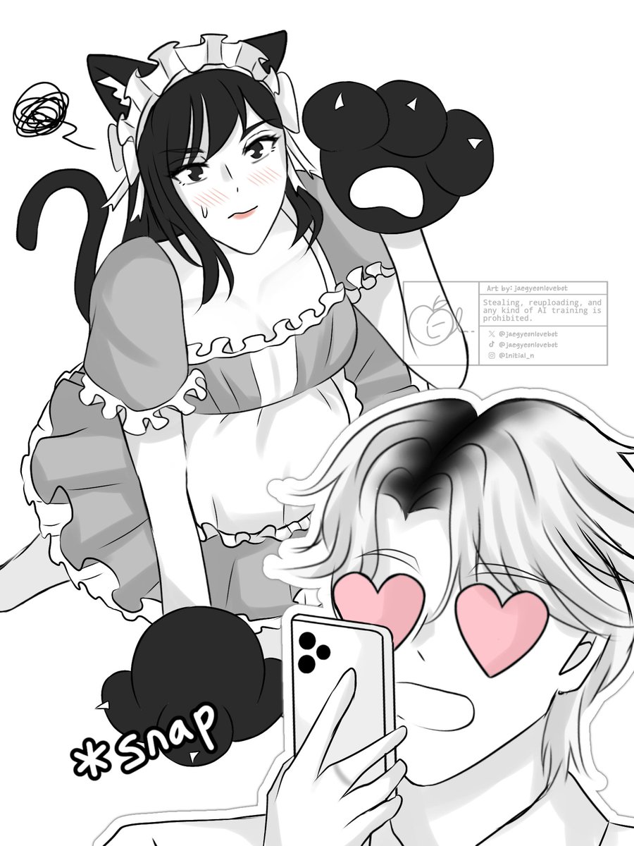 //夢, JgEl 🚘🐈‍⬛ 
 [Jaegyeon x Elaine]
＿＿＿＿＿＿＿＿＿＿＿＿

Apa yang Jaegyeon perbuat sampai-sampai Elaine mau pakai baju kayak gitu? 😥