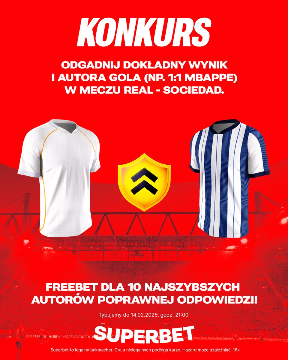 #KONKURS! Wytypuj w odpowiedziach dokładny wynik oraz autora gola ⚽️ w meczu Real - Sociedad i zgarnij freebet!
--
✅ Zaobserwuj <a href="/SuperbetPL/">Superbet</a>
❤️ Polub wpis i 🔄 podaj go dalej
👤 Dodaj nick z Superbet
🎁 Nagroda = FREEBET 50 PLN
Regulamin: sprbt.pl/RegulaminSuper…