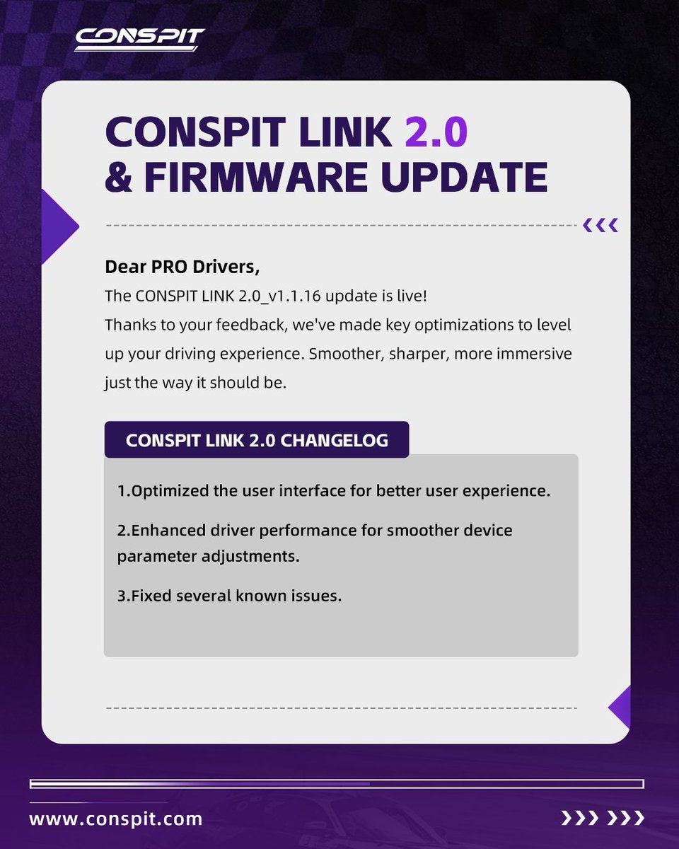 OfficialCONSPIT's tweet photo. Hey Conspit Drivers,
The CONSPIT LINK 2.0_v1.1.16 update is live!
Born For Pros, Made For Everyone
🛒USA Webstore: https://t.co/Q2lBU8KOlt
#CONSPIT #ProDriversChoice #SimRacingWheel #SimRacing https://t.co/Us3Phw3w7Z