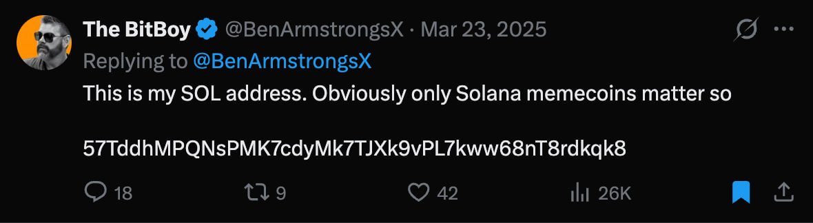 .<a href="/BenArmstrongsX/">The BitBoy</a>  is a 1/1 crypto guy. He's done more for the space early on than 90% of people. When i first got into crypto i watched his youtube videos. 

I think he's a good dude, i redirected all fees to his wallet that he posted. He is responsible for the bitcoin logo we