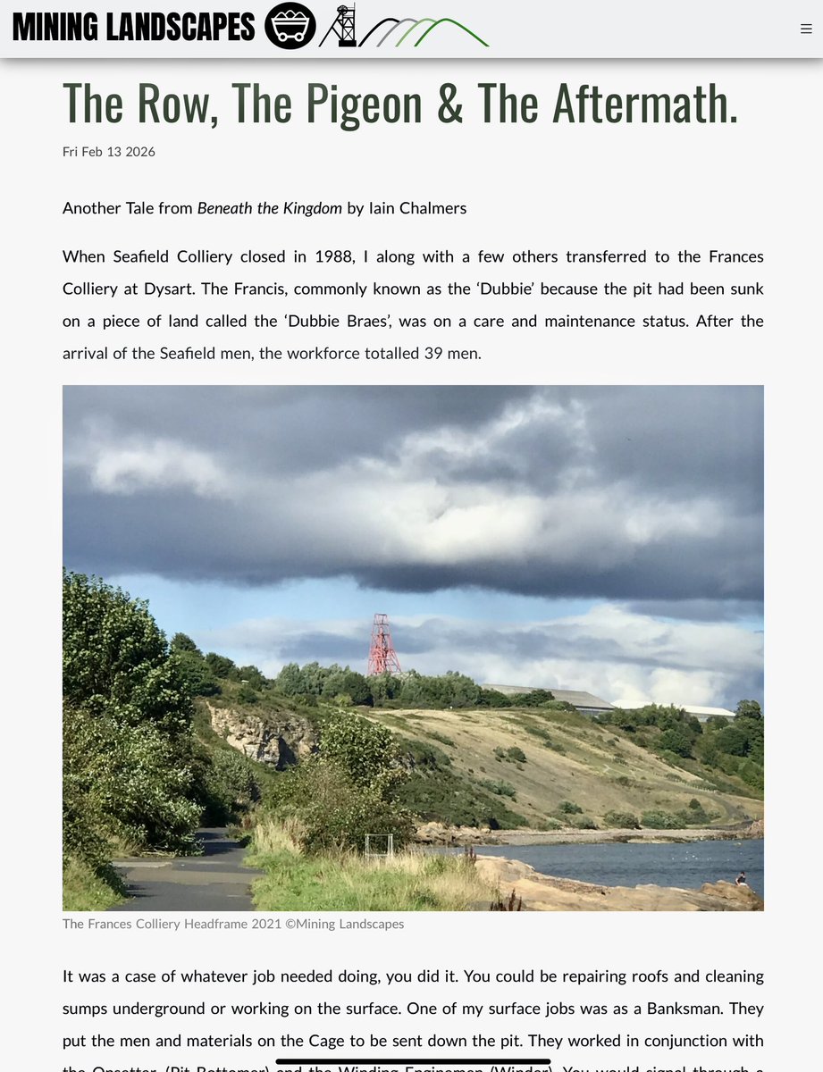 A new blog added to the <a href="/HeritageFundSCO/">The National Lottery Heritage Fund Scotland</a> <a href="/StirUni/">University of Stirling</a> #MiningLandscapes #Ecomuseum’s collection ‘The row, the pigeon and the aftermath’ another witty tale from our project advisory board member and former miner Iain Chalmers 👉mining-landscapes.org/blog 
#Fife #Coal #MiningHistory