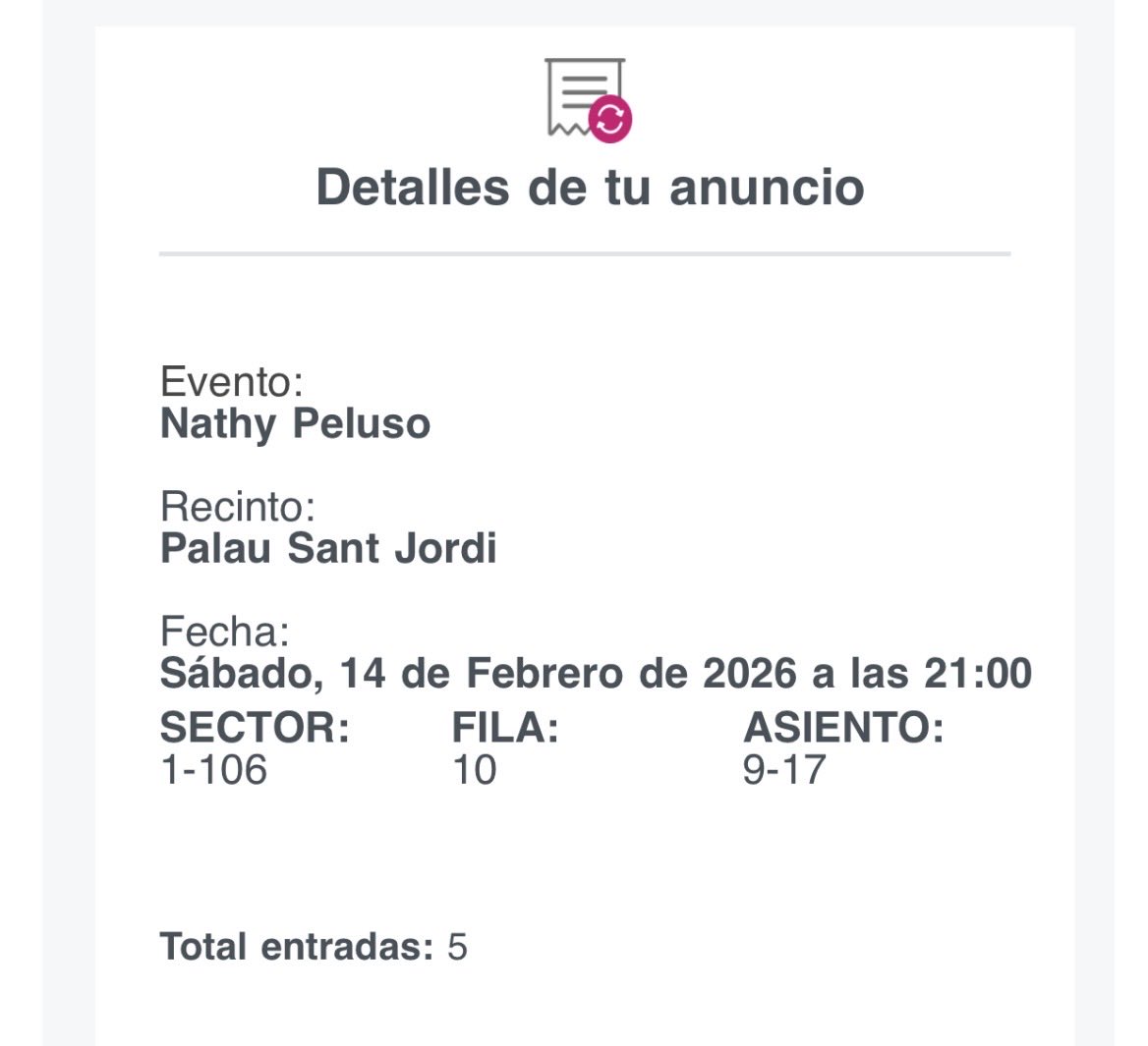 _hungrybug's tweet photo. Acabo de poner a la venta 5 entradas en ticket master para Nathy Peluso hoy en Barcelona en el Palau Sant Jordi. Me urge venderlas ya que no vamos a poder ir al final 🥹 https://t.co/iDayH6wQ10