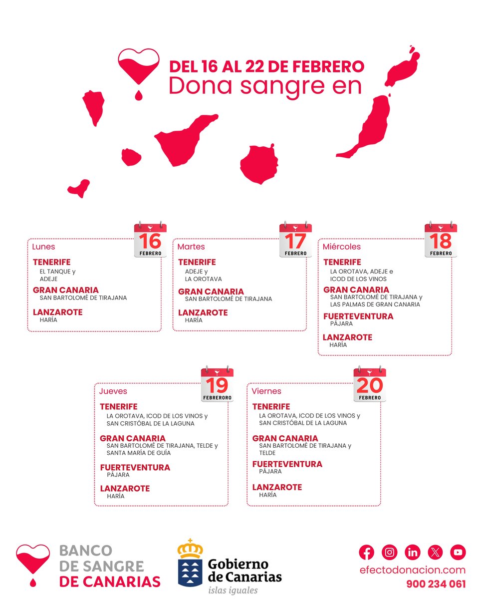 ❤️ Dona sangre, salva vidas.
📅 Semana del 16 al 20 de febrero
Te esperamos en:
Gran Canaria  Tenerife, Lanzarote y Fuerteventura

🩸 Más info en efectodonacion.com
☎️ 900 234 061