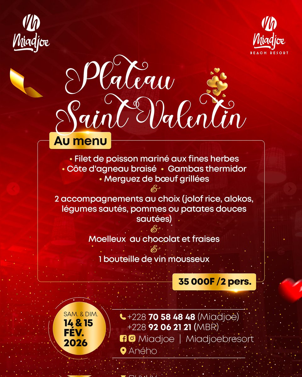 miadjoe's tweet image. Joyeuse St Valentin ❤️ !⁣⁣
Du 14 au 15 Février, célébrez 🎊🎉 l'amour avec votre partenaire 🫂. ⁣⁣
Pour réserver, contactez nous au📱70 58 48 48 ou 92 06 21 21.⁣⁣
⁣⁣
#SaintValentin #Miadjoe #MiadjoeBeachResort #Aného