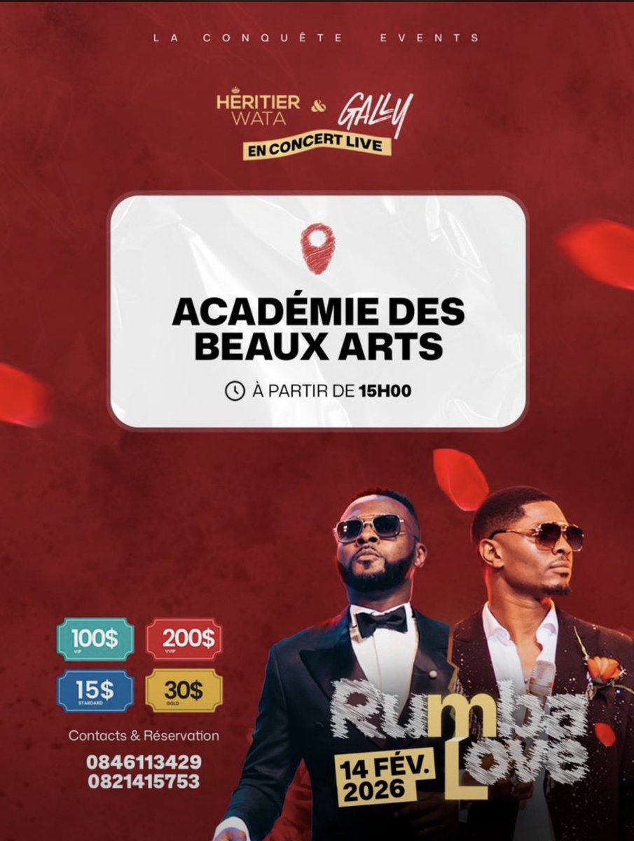 Chères Kinoises,chers Kinois,

Venez vivre une ambiance exceptionnelle et partager un moment de joie inoubliable en cette journée dédiée à l’amour
Rendez-vous ce 14 février à l’Académie des Beaux-Arts de Kinshasa pour célébrer la fête des amoureux en compagnie de <a href="/heritierwata29/">Heritier Watanabe</a>.