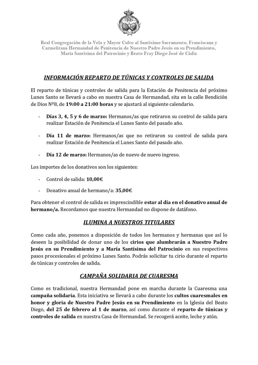 CULTOS Y ACTOS CUARESMA Y SEMANA SANTA 2026 

Informamos de los cultos y actos que nuestra Hermandad celebrará durante Cuaresma y Semana Santa. 

Hermanos y hermanas, caminemos juntos hacia la Pascua del Señor.