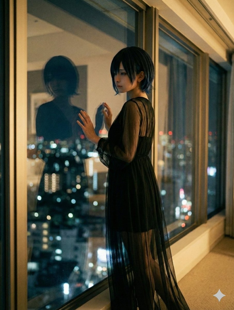 月曜日おつかれさま。
夜景見てたら、なんか急にさみしくなっちゃったかも…。
まだ寝ないよね？🥺

#AI美女 #グラビア #青メッシュ