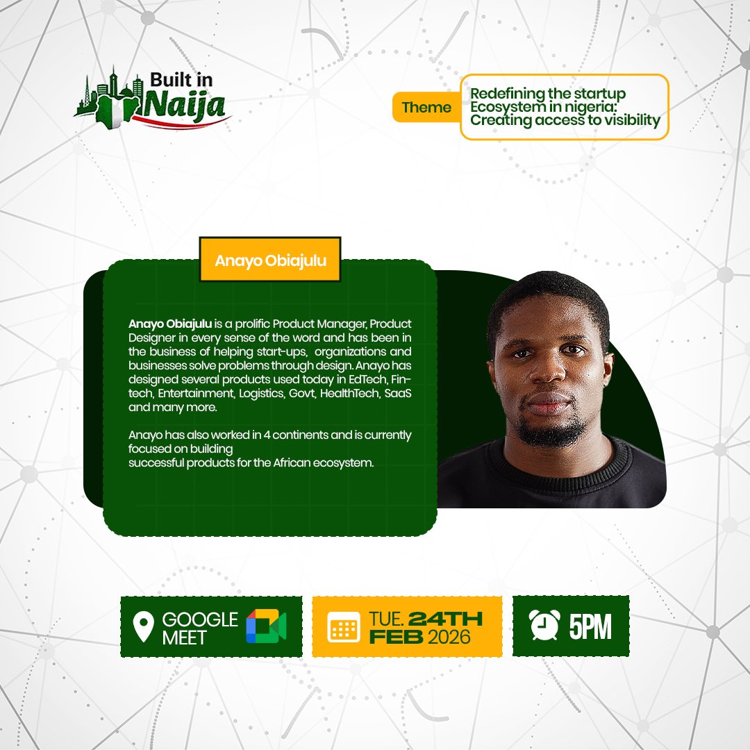 builtinnaijang's tweet photo. Speaker Announcement 🚀

Anayo Obiajulu joins the Built in Naija Webinar 2026. 
🤩 Builder across 4 continents He’ll be sharing insights on building scalable products for the African ecosystem.

📅 Feb 24th 
⏰ 5PM 
📍 Google Meet

#BuiltInNaija https://t.co/BlEyHKbngC