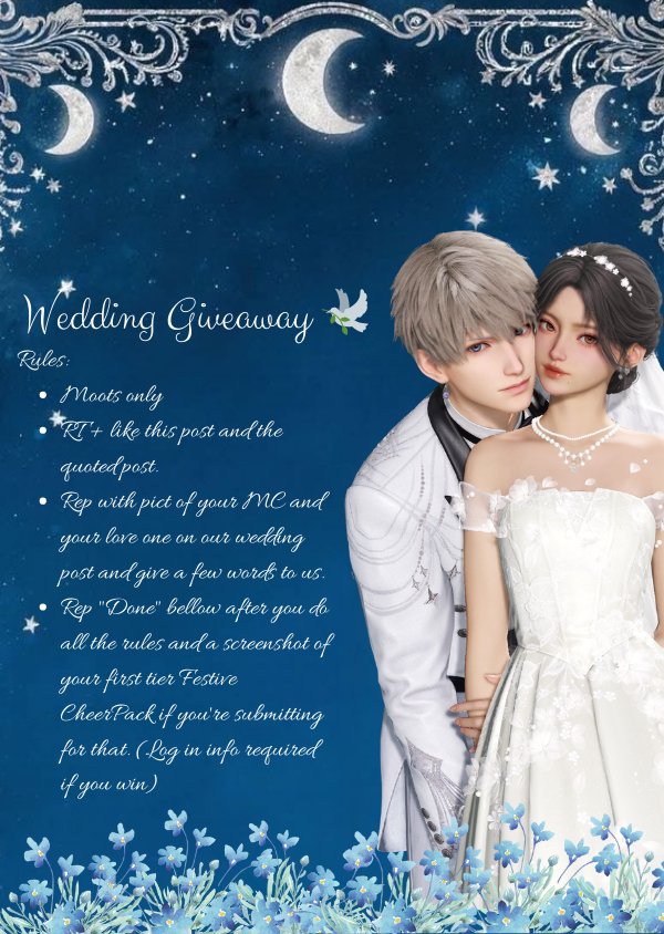 #⃝starrysky wedding's giveaway. 🤍

Gifts🎁: 
• 1x aurum pass
• 2x first tier of festive CheerPack
• 3x 60crystals.

Read down the rules below to join. ♡

End: 17-2-2026