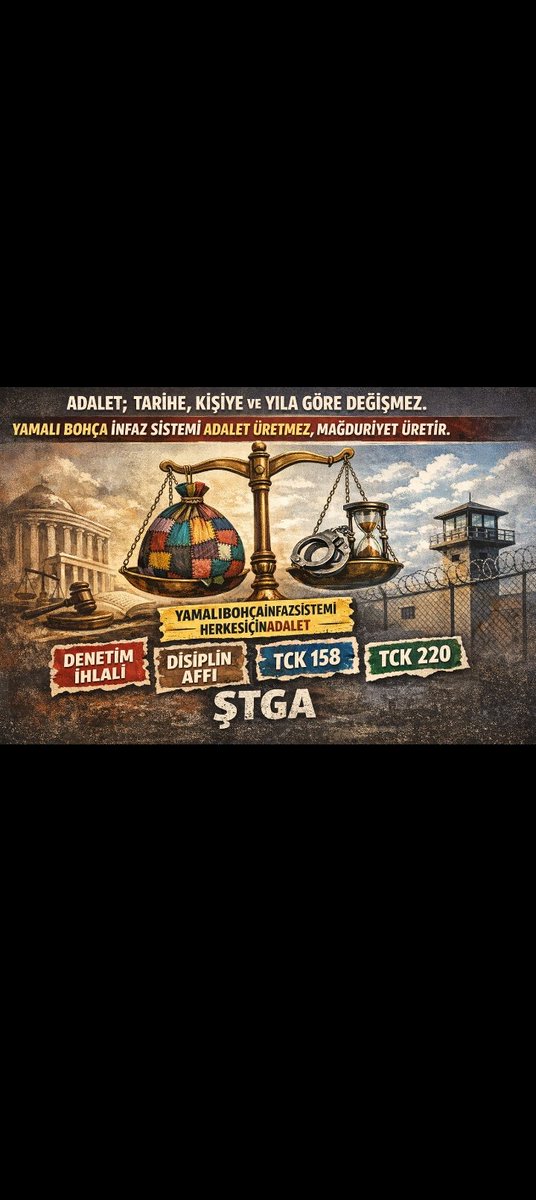 İnfaz kanunlarını yamalı bohçaya çevirdiniz, parça parça infaz düzenlemesi yapıp kimini güldürüp kimini ağlattınız, şimdide A ya var B ye yok diyorsunuz. Enkazı kaldırmak için kitle ayırmayın ah almayın <a href="/YildizFeti/">Feti Yıldız</a> <a href="/abakingurlek/">Akın Gürlek</a>
<a href="/avabdullahguler/">Abdullah Güler</a> 
<a href="/cuneytyuksel_/">Prof. Dr. Cüneyt Yüksel</a>
<a href="/RTErdogan/">Recep Tayyip Erdoğan</a>