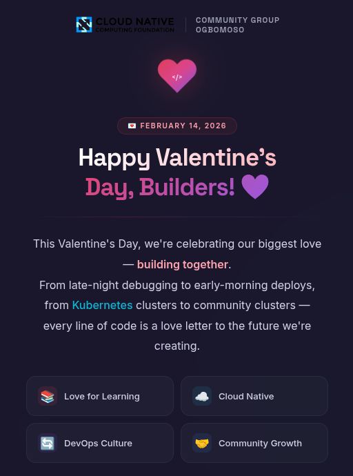 cncfogbomoso's tweet photo. Roses are red 🌹
Clusters are blue ☁️
If it’s cloud-native…
It’s built by you 💜
Happy Valentine’s to every contributor, learner & DevOps champ in our community ❤️
#CloudNative #Kubernetes #DevOpsCulture #CNCF https://t.co/nRPvCB9zGx