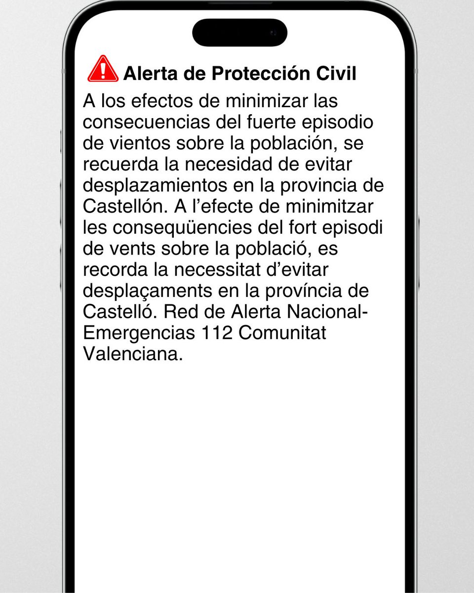 GVA112's tweet photo. 🚨El Centro de Coordinación de Emergencias de la
@generalitat ha enviado un nuevo mensaje de alerta a los móviles de la provincia de Castellón debido al episodio de vientos.  

➡️Se recuerda la necesidad de evitar los desplazamientos y estar pendientes de cualquier cambio en el nivel de las alertas.    

📲Infórmate por los canales oficiales y en caso de emergencia llama al 1·1·2