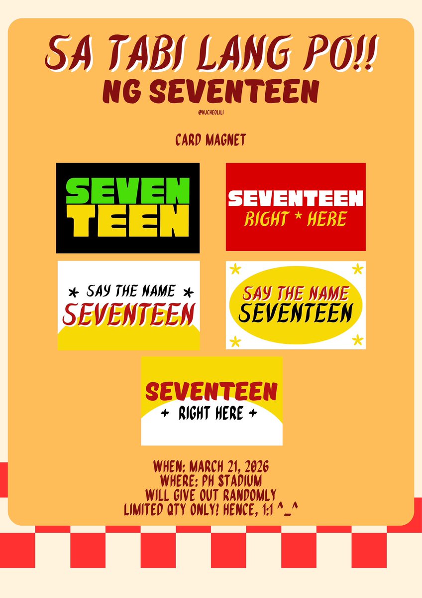 ♡ happy birthday, carats! ♡

SEVENTEEN NEW_ TOUR BULACAN

SA TABI LANG PO!! (ng seventeen)
CARD MAGNETS

march 21, 2026
ph stadium

will give out randomly across ph arena/stadium area 
limited quantity only. strictly 1:1 

#SEVENTEEN_NEW_IN_BULACAN
#seventeen