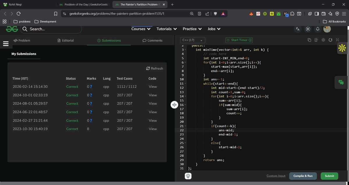DAY 2: Solving GFG POTD's with a challenge from #gfg #npci from <a href="/geeksforgeeks/">GeeksforGeeks | Learn to Code</a> and <a href="/NPCI_NPCI/">NPCI</a>
The Todays Problem Was The Painter's Partition Problem-II. I had solved the problem a lot of time still took me around 20 minutes. Aiming for my longest streak this time #geekstreak60 :)