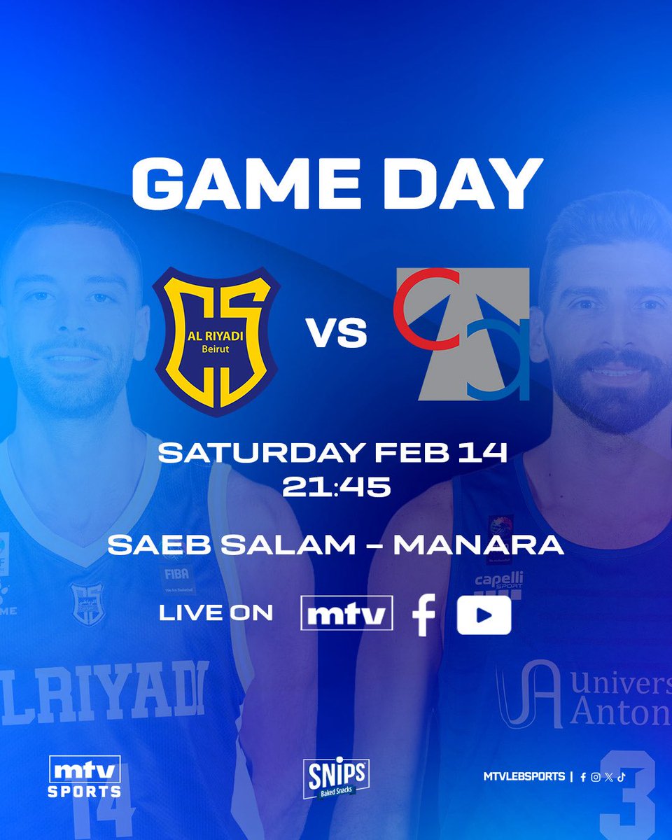 mtvlebsports's tweet photo. It’s Game Night! 🔥🏀
#Round19 is here with @AlRiyadiClub vs. Antonine  ⚡
📍 Manara Stadium
🕘 21:45
#mtvbasket #mtvsports https://t.co/oGZf7aRgMF