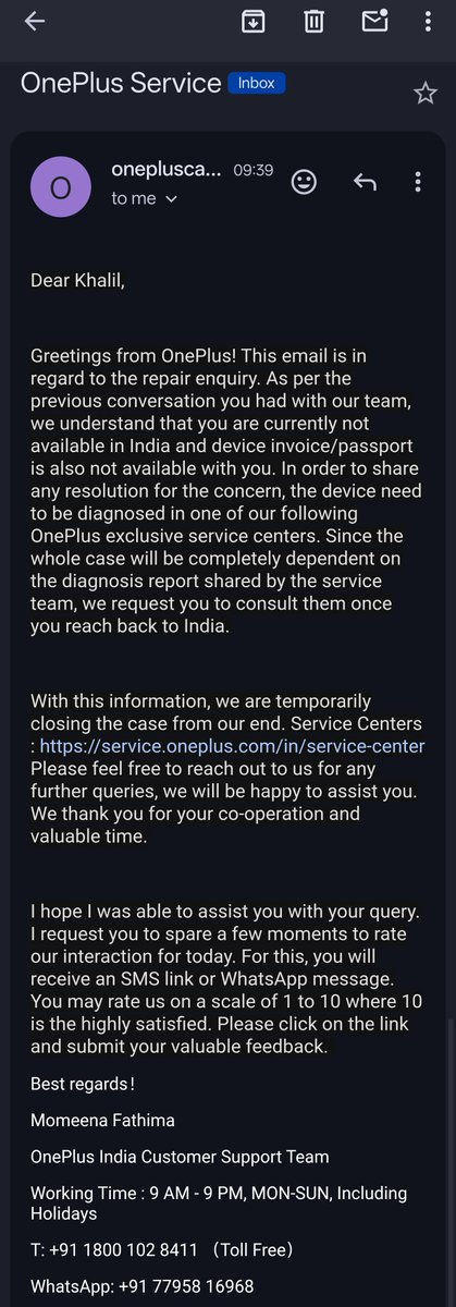 KhalilKhyari's tweet image. TOTAL CONFUSION at @OnePlus_IN! Moh Aariz Ali promises an escalation call in 24h, but Momeena Fathima sends an email CLOSING the case 10 mins later!. Are you even talking to each other? Fix my #GreenLine from Morocco! @OnePlus @CarlPei @geekyranjit #OnePlusScam