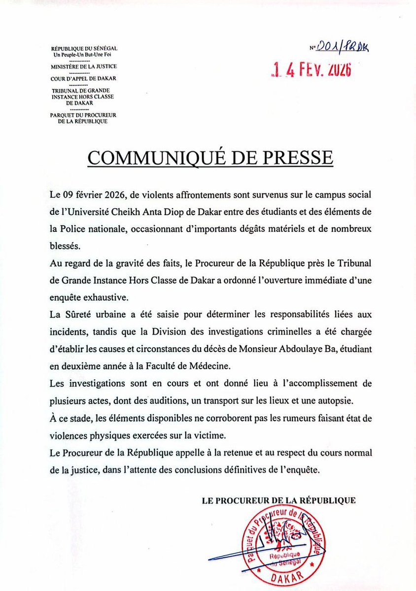 Communiqué du Procureur de la République