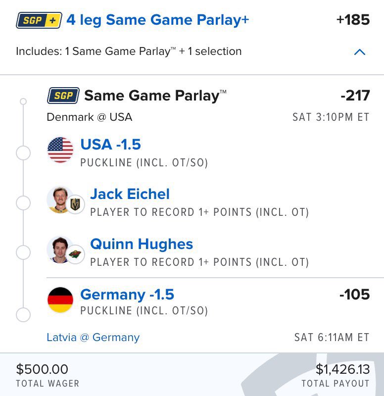 Realistically… how does this NOT hit? 👀🔥

💰 $500 ➡️ $1,426.13

USA -1.5
Jack Eichel 1+ point
Quinn Hughes 1+ point
Germany -1.5

Tell me what leg scares you 👀