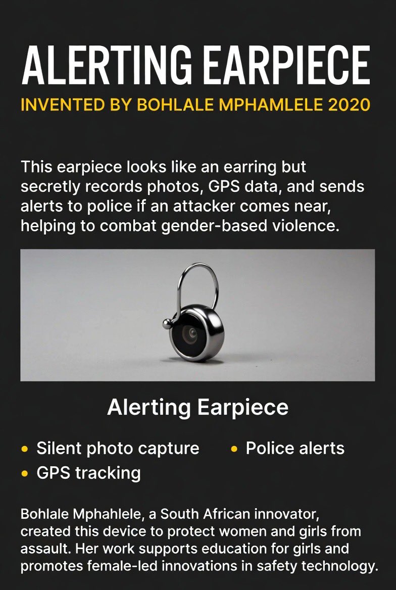 rons1212's tweet image. South African inventor Bohlale Mphahlele's "Alerting Earpiece," a 2020 creation disguised as an earring that silently captures attacker photos, GPS data, and police alerts to combat gender-based violence.

#Wearable 
#Innovation